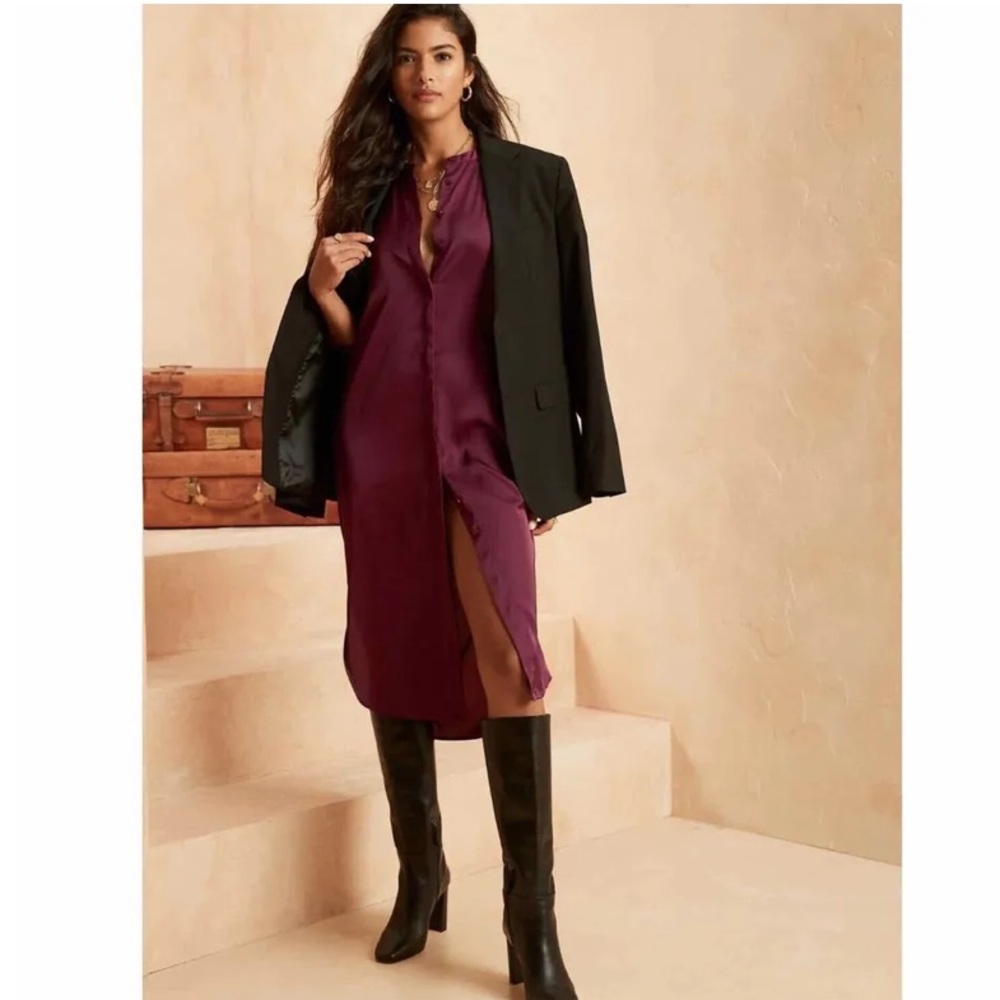 Banana Republic Factory Satin Long Sleeve Midi Shirt Dress